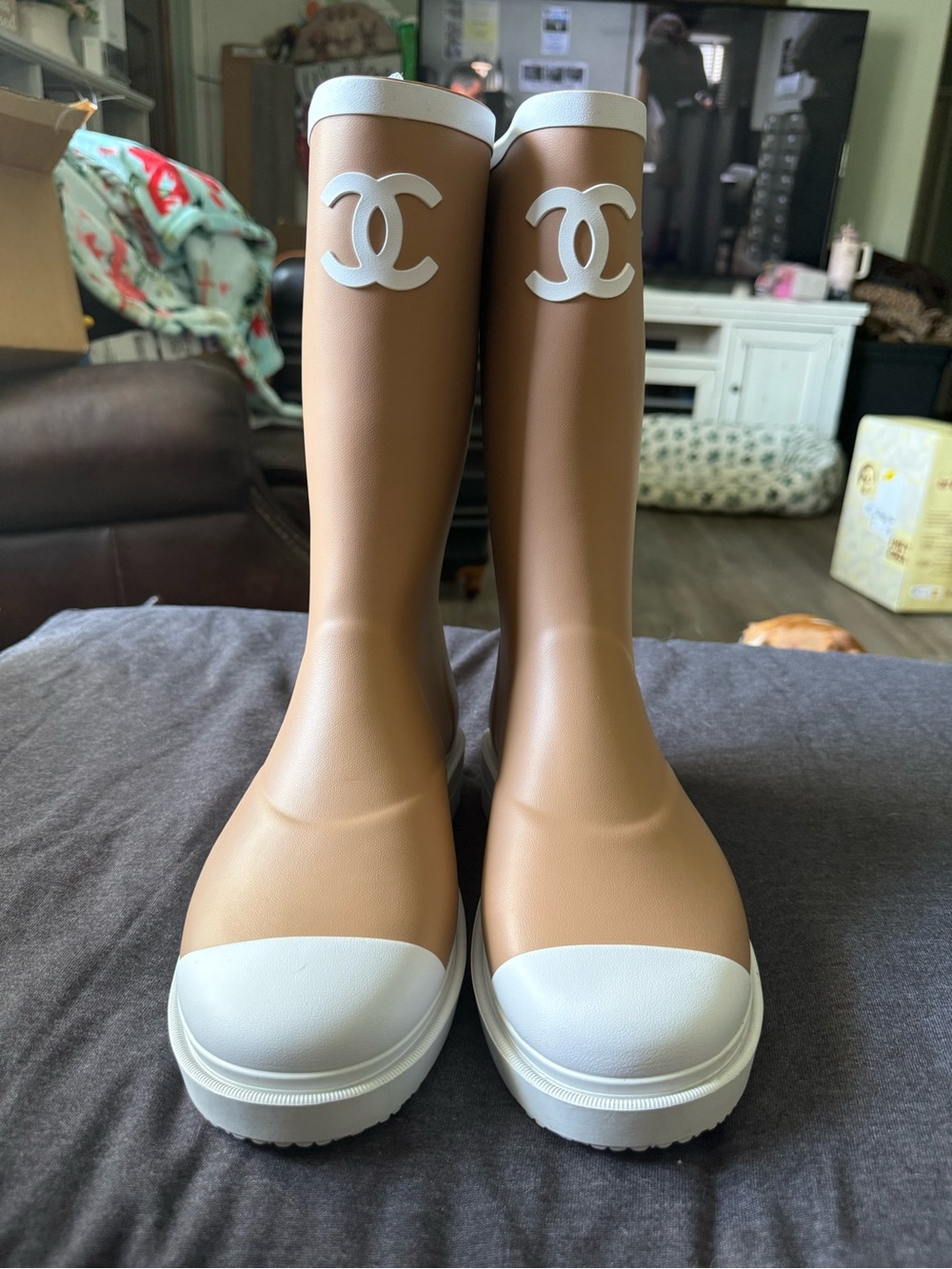 Two-Tone Rubber Slip-On Boots in Tan and White